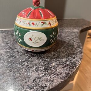 Pfaltzgraff Christmas Ornament Candle Holder Candy Dish Ceramic Holly Berry‎